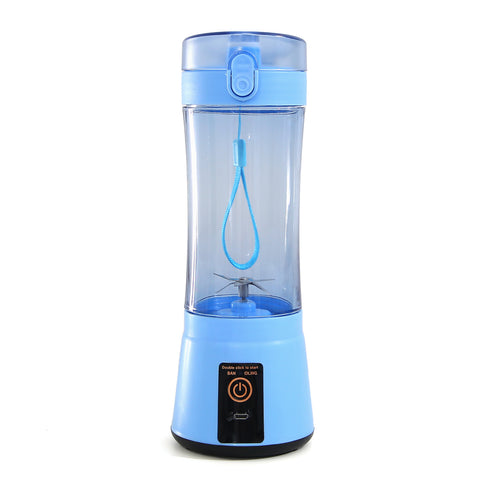 Blue portable USB smoothie blender with safety strap and one-touch button, perfect for travel and home use.