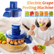 Electric Rechargeable Fruit Peeling Machine shown with peeled grapes and a child enjoying fruit, perfect for safe and fun kitchen use.