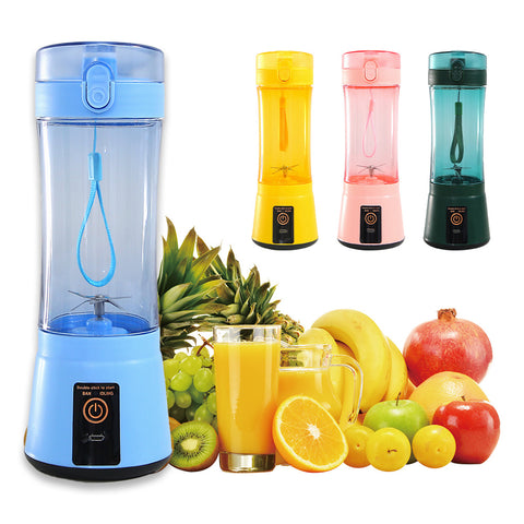 Portable USB juicer blender in multiple colors with fresh fruits, ideal for summer smoothies and wireless blending convenience.