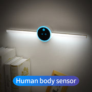 Smart Human Body Sensor Cabinet Light with LED illumination, mounted on a wall near books for ambient lighting.