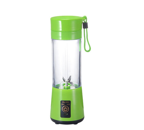 Green USB rechargeable mini blender with strap, compact and ideal for wireless fruit blending on the go.