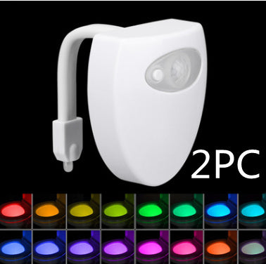 2-pack Toilet Induction LED Night Light devices with motion sensor and 8 color options, ideal for nighttime bathroom illumination.