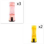 Set of 3 pink and 2 yellow wireless USB blenders, compact and stylish for summer smoothie preparation.