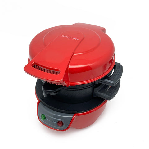 Red compact sandwich maker with egg cooker and automatic temperature control for fast and crispy breakfast results.