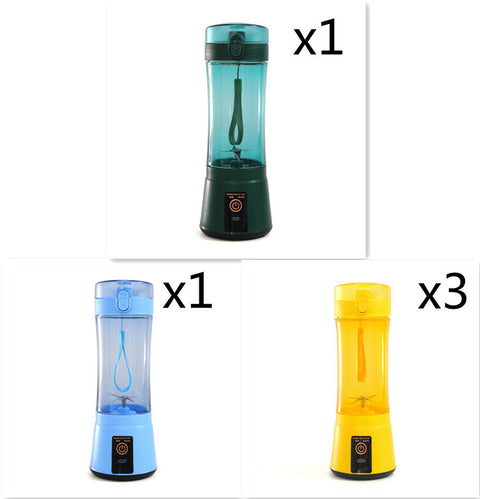 Set of 1 green, 1 blue, and 3 yellow USB mini blenders, ideal for travel and kitchen smoothie blending.