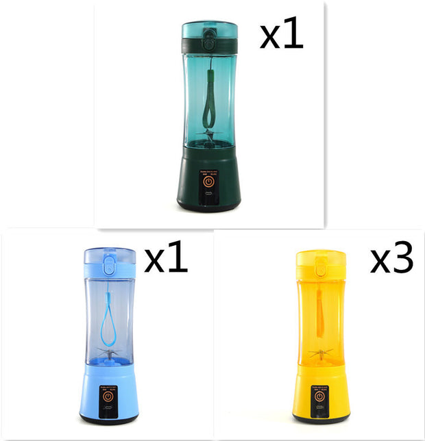Set of 1 green, 1 blue, and 3 yellow USB mini blenders, ideal for travel and kitchen smoothie blending.