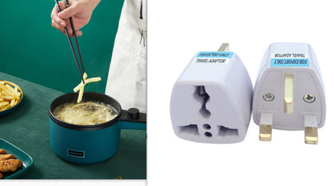 Mini Kitchen Multi-Function Electric Pot frying fries with travel plug adapters, perfect for fast and portable cooking.