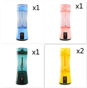 Set of 1 blue, 1 pink, 1 green, and 2 yellow USB portable blenders, ideal for travel and kitchen use.