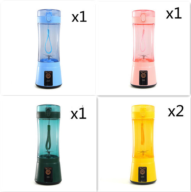 Set of 1 blue, 1 pink, 1 green, and 2 yellow USB portable blenders, ideal for travel and kitchen use.