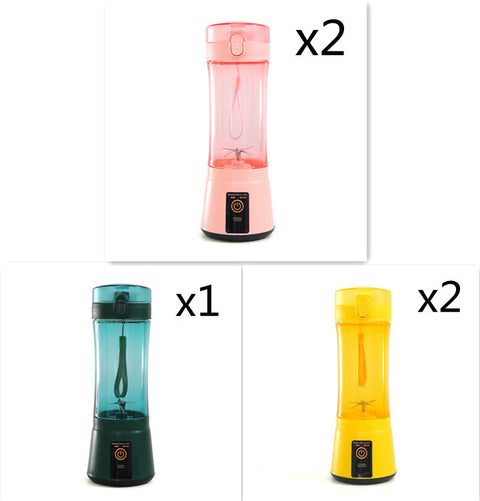 Set of 2 pink, 1 green, and 2 yellow USB rechargeable blenders, ideal for smoothie lovers and travelers.