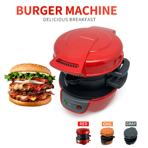 Red multifunctional breakfast machine with layered sandwich maker and egg cooker, ideal for quick homemade burgers and sandwiches.