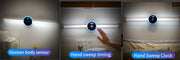 Smart LED Cabinet Sensor Light with human body sensor, hand sweep timing, and clock function shown in three use scenarios.