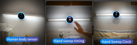 Smart LED Cabinet Sensor Light with human body sensor, hand sweep timing, and clock function shown in three use scenarios.