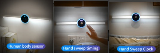 Smart LED Cabinet Sensor Light with human body sensor, hand sweep timing, and clock function shown in three use scenarios.