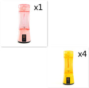 Set of 1 pink and 4 yellow USB mini blenders, great for home or travel use with wireless convenience.