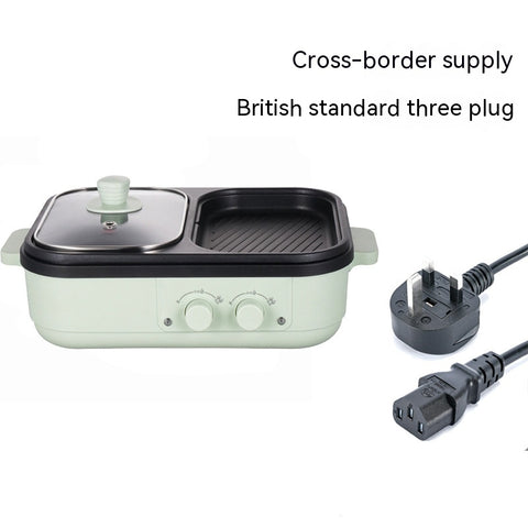 Electric Cooking Pot with British plug, featuring dual-zone design and 1300W power for multi-purpose household cooking.