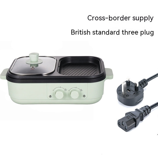 Electric Cooking Pot with British plug, featuring dual-zone design and 1300W power for multi-purpose household cooking.