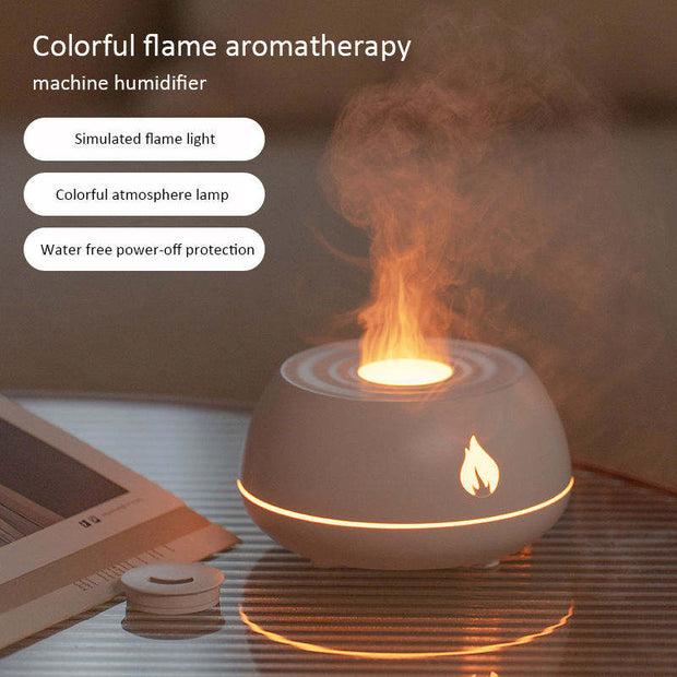 Flame Aromatherapy USB Diffuser with simulated flame light and water-free power-off protection, ideal for sleep aid and relaxation.