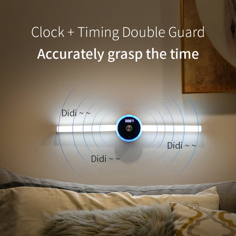 Smart LED Cabinet Sensor Light with clock and timer function, showing dual timing and sound alerts for accurate time tracking.