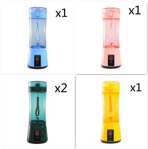 Set of 1 blue, 1 pink, 2 green, and 1 yellow USB rechargeable blenders, perfect for family smoothie needs.