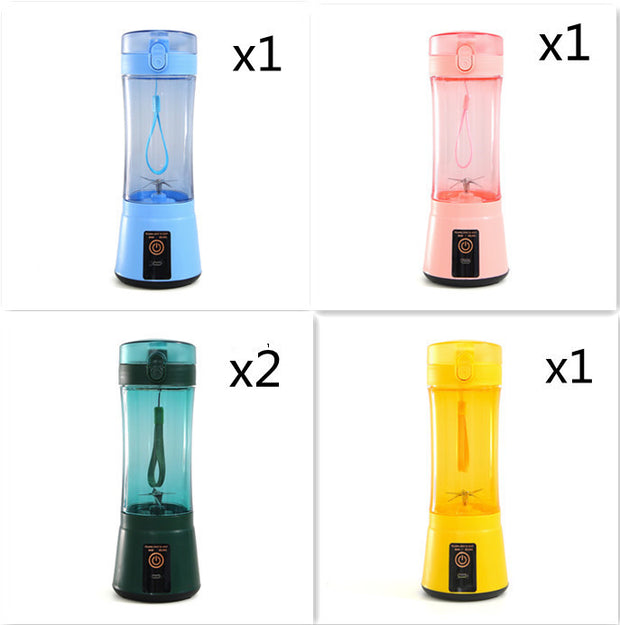 Set of 1 blue, 1 pink, 2 green, and 1 yellow USB rechargeable blenders, perfect for family smoothie needs.
