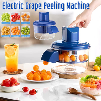 Automatic Electric Grape Peeler in use peeling orange grapes with one-touch operation, ideal for home kitchens and fruit prep convenience.