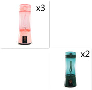 Set of 3 pink and 2 green USB portable smoothie blenders, ideal for travel, gym, and kitchen use.