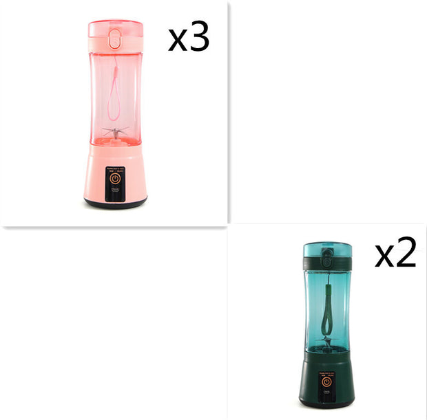 Set of 3 pink and 2 green USB portable smoothie blenders, ideal for travel, gym, and kitchen use.