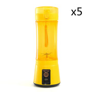 Five yellow portable USB juicer blenders, perfect for bulk purchase and summer smoothie preparation.