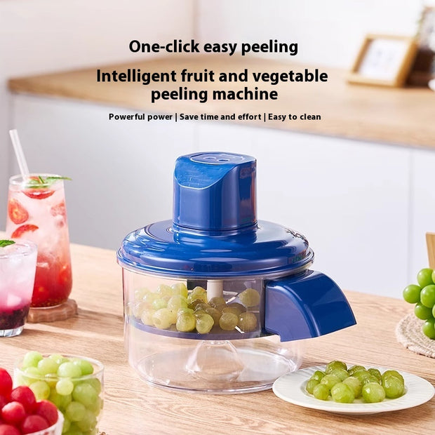 Hands-Free Skin Remover peeling green grapes on a kitchen counter, showcasing its powerful motor and easy-to-clean design.