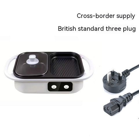 Roast All-in-one Pot with British standard three plug, supports multi-functional cooking with grill and pot sections for home use.