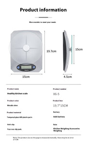 Mini Kitchen Scale Digital Weighing product dimensions and features, including tempered glass, anti-slip pads, and battery operation.