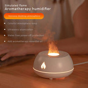 White Flame Aromatherapy USB Diffuser with realistic flame effect and ultrasonic mist for enhanced desktop ambiance and sleep aid.