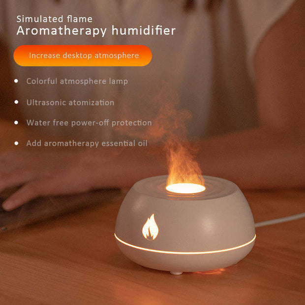 White Flame Aromatherapy USB Diffuser with realistic flame effect and ultrasonic mist for enhanced desktop ambiance and sleep aid.