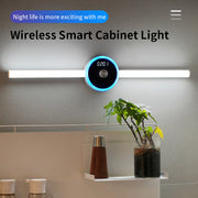 Wireless Smart Cabinet Light with LED clock and timer, mounted above a shelf for modern home lighting and decor.