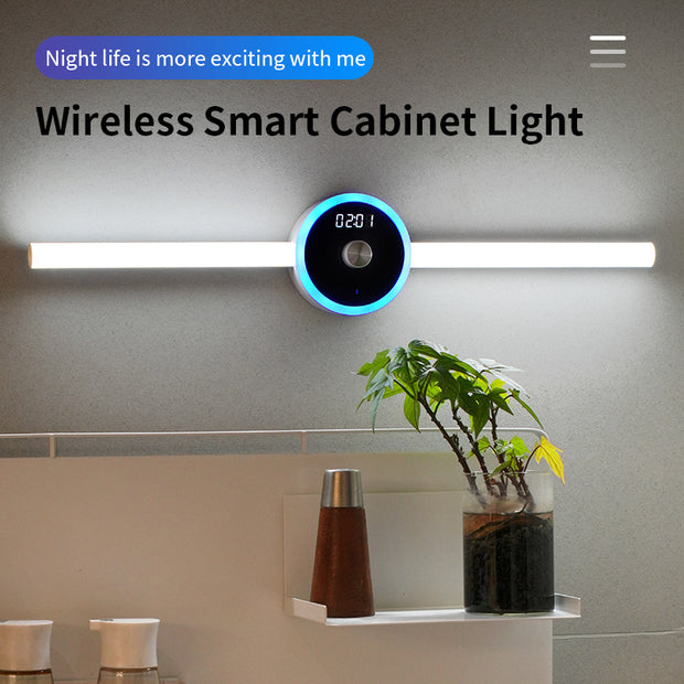 Wireless Smart Cabinet Light with LED clock and timer, mounted above a shelf for modern home lighting and decor.