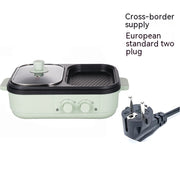 Green Roast All-in-one Pot with European plug, dual control knobs and 1300W power for efficient grilling and boiling at home.