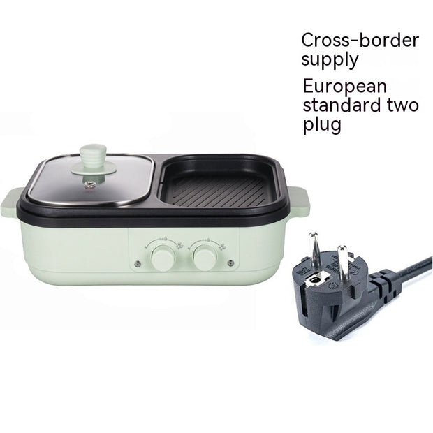 Green Roast All-in-one Pot with European plug, dual control knobs and 1300W power for efficient grilling and boiling at home.