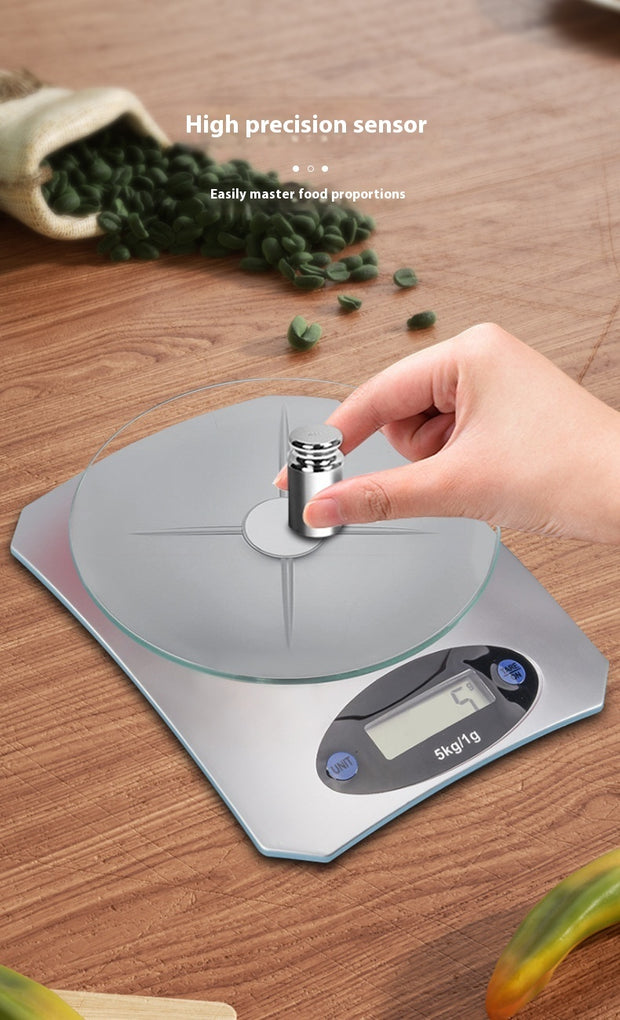 High precision Mini Kitchen Scale Digital Weighing with calibration weight, emphasizing sensor accuracy for food measurements.
