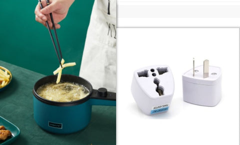 Mini Kitchen Multi-Function Electric Pot frying food with included travel plug adapters, ideal for global home chefs.