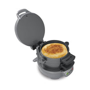 Gray sandwich maker with open lid showing cooked breakfast sandwich inside, designed for quick and easy meal prep.