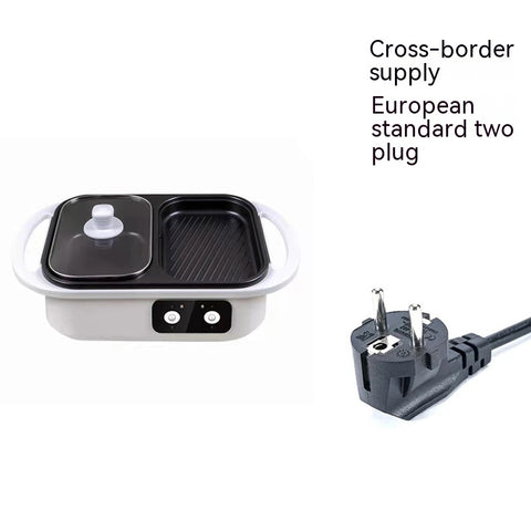 Electric Cooking Pot with European standard two plug, dual-zone design for grilling and boiling, ideal for cross-border use.