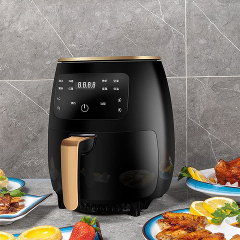 Smart Touch Air Fryer with Touch Control & Auto Power-off in black, placed on a kitchen counter with cooked meals around it.