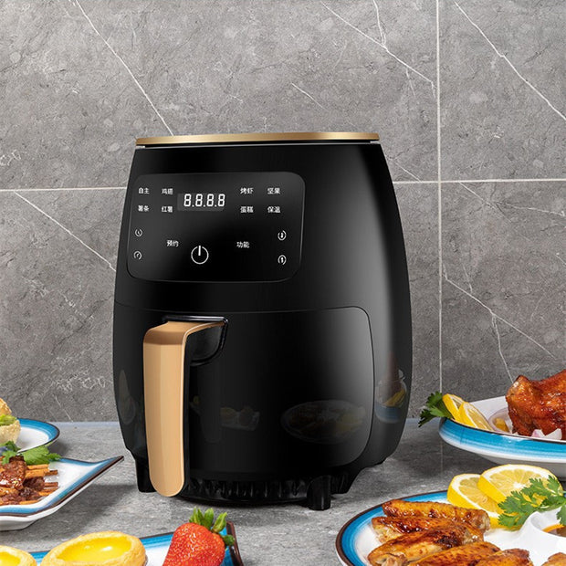 Smart Touch Air Fryer with Touch Control & Auto Power-off in black, placed on a kitchen counter with cooked meals around it.