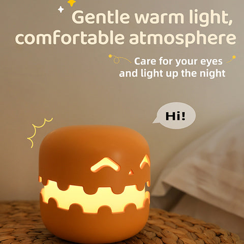 Pumpkin Bedside Lamp - Halloween Decor emitting gentle warm light, creating a comfortable atmosphere for bedrooms or living rooms.